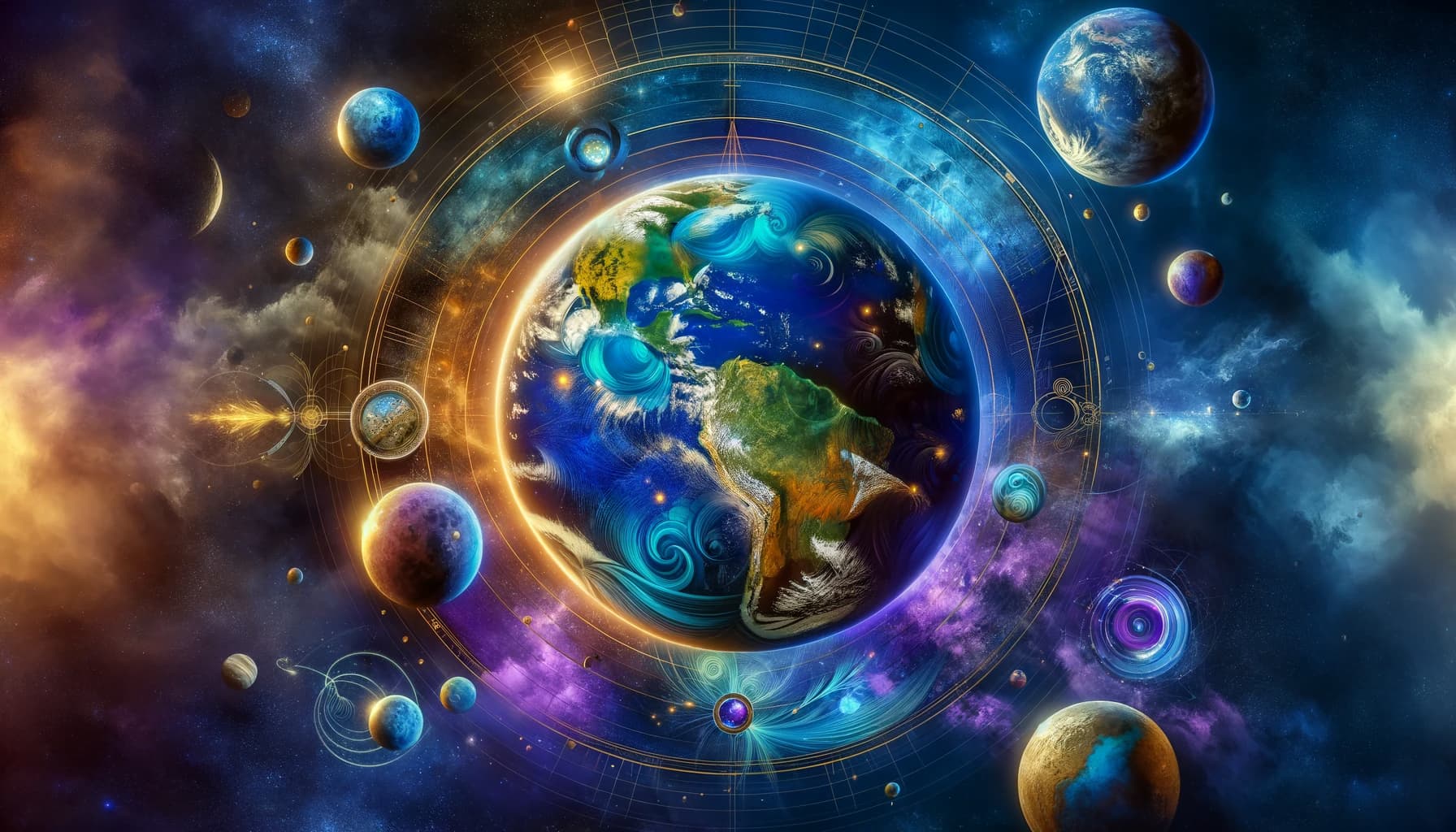 Illustration of Earth showcasing its mysteries, including the Moon, magnetic field, ancient purple hue, and hidden gold reserves.