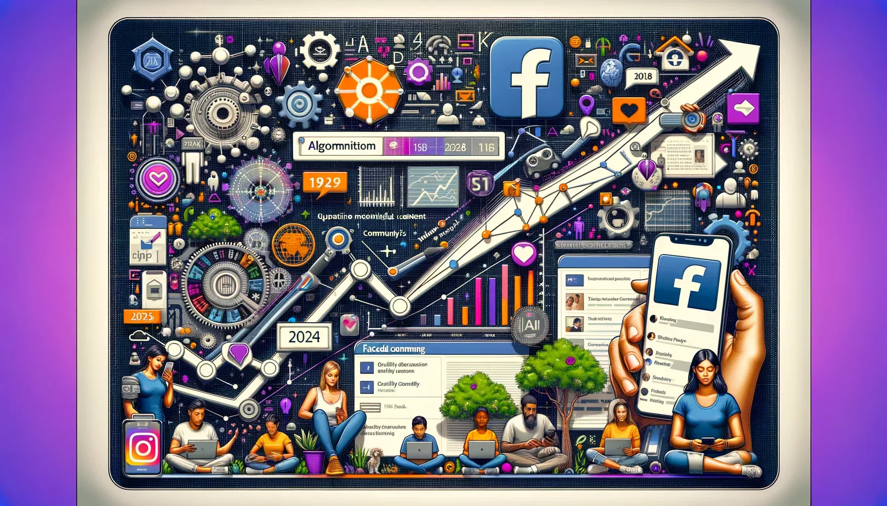 Инфографическая временная шкала, показывающая эволюцию алгоритма Facebook, с такими вехами, как введение EdgeRank, переход к качественному контенту, фокус на значимых взаимодействиях и интеграция искусственного интеллекта в 2024 году. Включает в себя различных пользователей, взаимодействующих с Facebook на различных устройствах, символизируя глобальный охват и инклюзивный характер платформы.