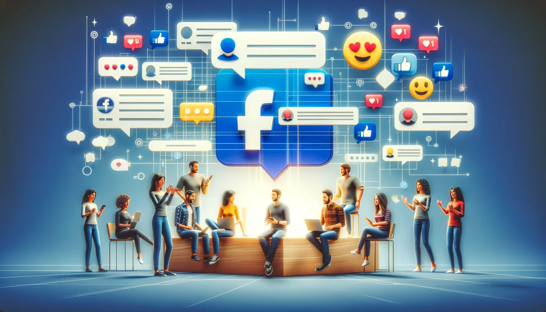 Разнообразная группа, участвующая в онлайн-дискуссии в группе Facebook, с пузырьками сообщений, эмодзи и символами взаимодействия сообщества в цифровой среде.Facebook Groups vs. Pages