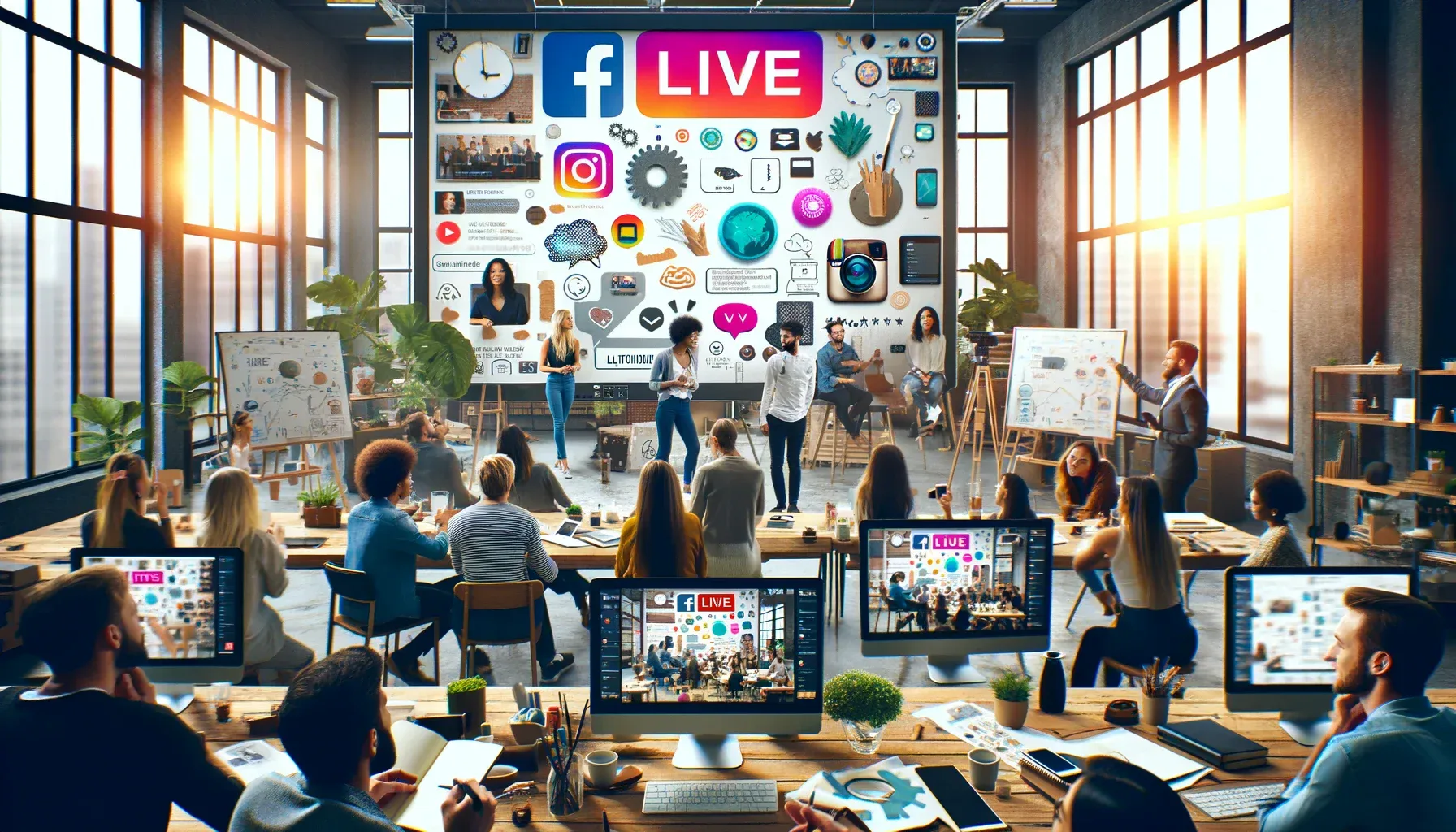 Разные профессионалы участвуют в сессии Instagram Live в современном офисе, демонстрируя вовлеченность в социальные сети и технику прямых трансляций.