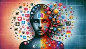 Силуэт человека с изображениями Instagram, на которых изображены яркая и приглушенная половины, символизирующие положительное и отрицательное влияние Instagram на психическое здоровье , Instagram О психическом здоровье