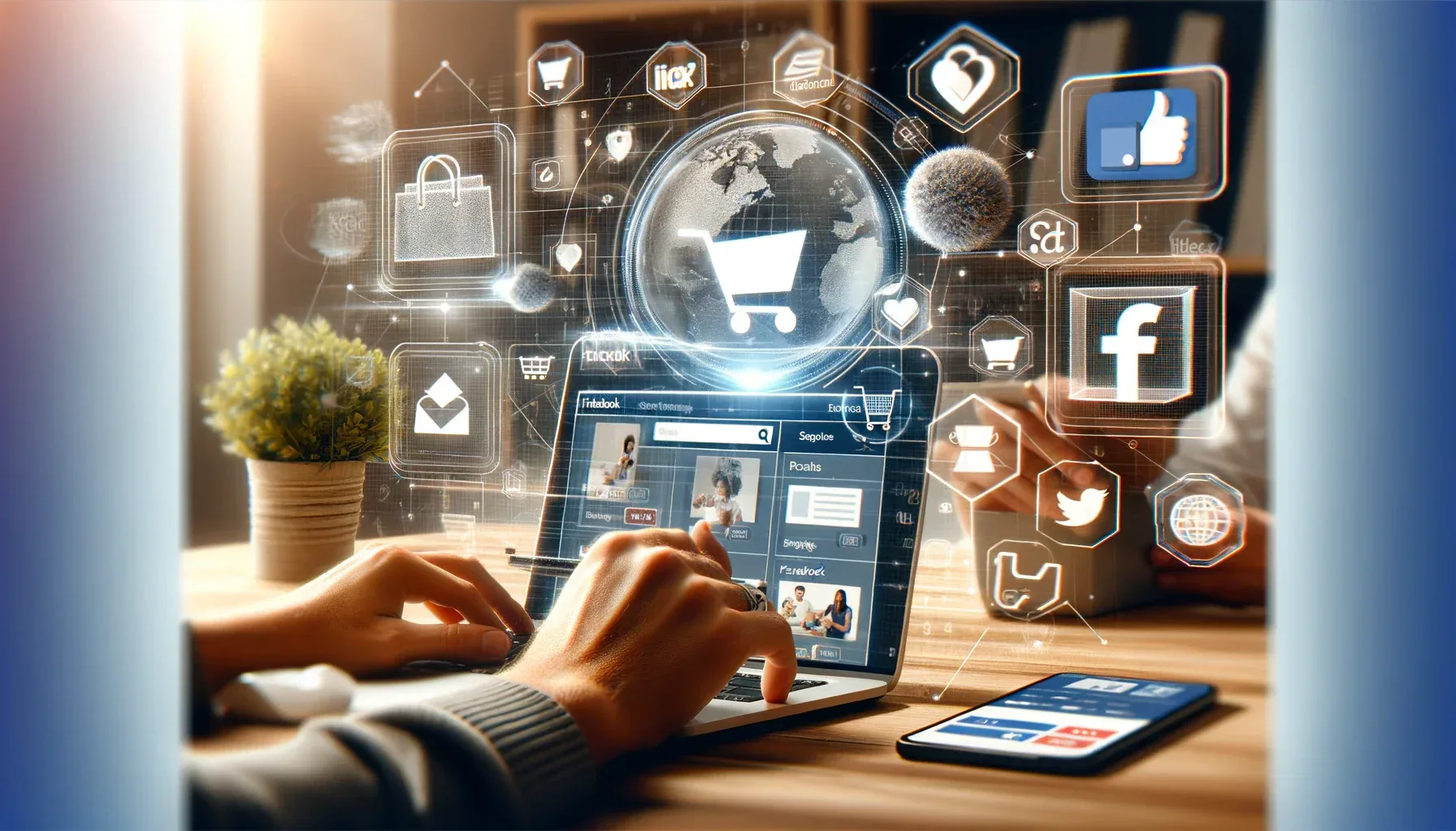 E-commerce and Facebook integration with online store interface and social media elements,