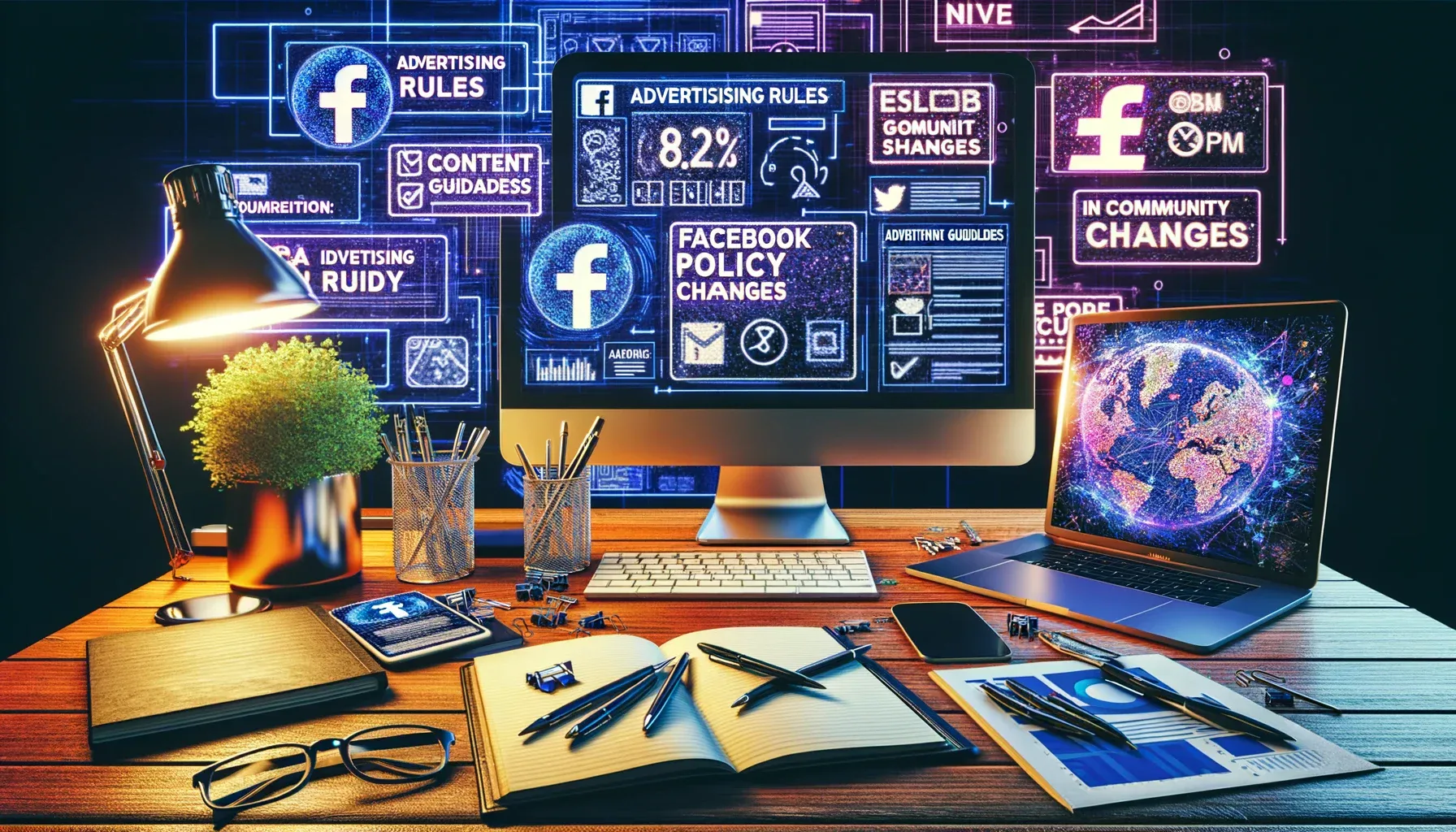Изменения в политике Facebook: Рабочее место цифрового маркетолога с обновлениями политики Facebook 2024 и трендами социальных медиа