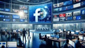 现代新闻编辑室通过数字屏幕和记者突出 Facebook News 在新闻发布方面的影响力。