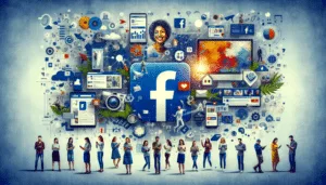 Un public diversifié qui utilise Facebook sur différents appareils et une publicité Facebook créative, symbolisant la grande portée de Facebook et sa publicité innovante dans le domaine du marketing numérique.