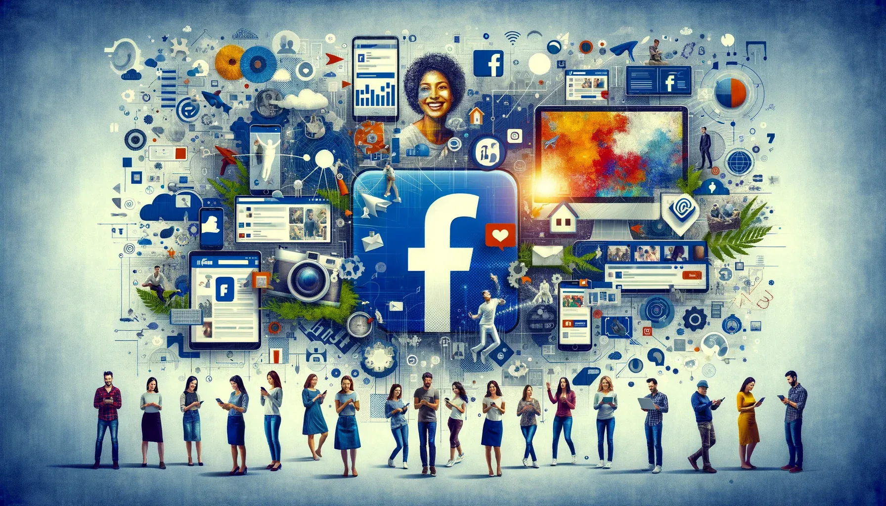 Un public diversifié qui utilise Facebook sur différents appareils et une publicité Facebook créative, symbolisant la grande portée de Facebook et sa publicité innovante dans le domaine du marketing numérique.