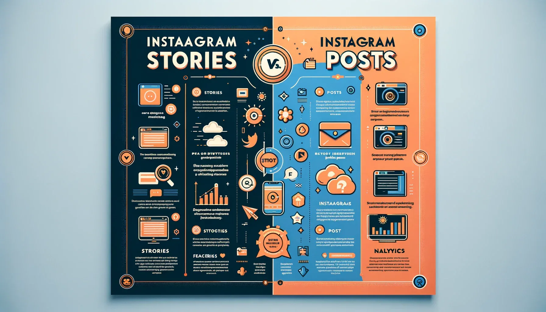 Instagram Stories vs. Posts : Инфографика, подробно описывающая ключевые различия между Instagram Stories и Posts, включая функции и стратегии вовлечения.