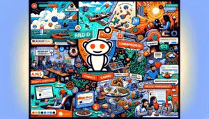 Engagement de la communauté Reddit : Collage de communautés Reddit dans les domaines de la technologie, de la musique, des jeux et de l'alimentation, symbolisant la diversité de l'engagement en ligne.