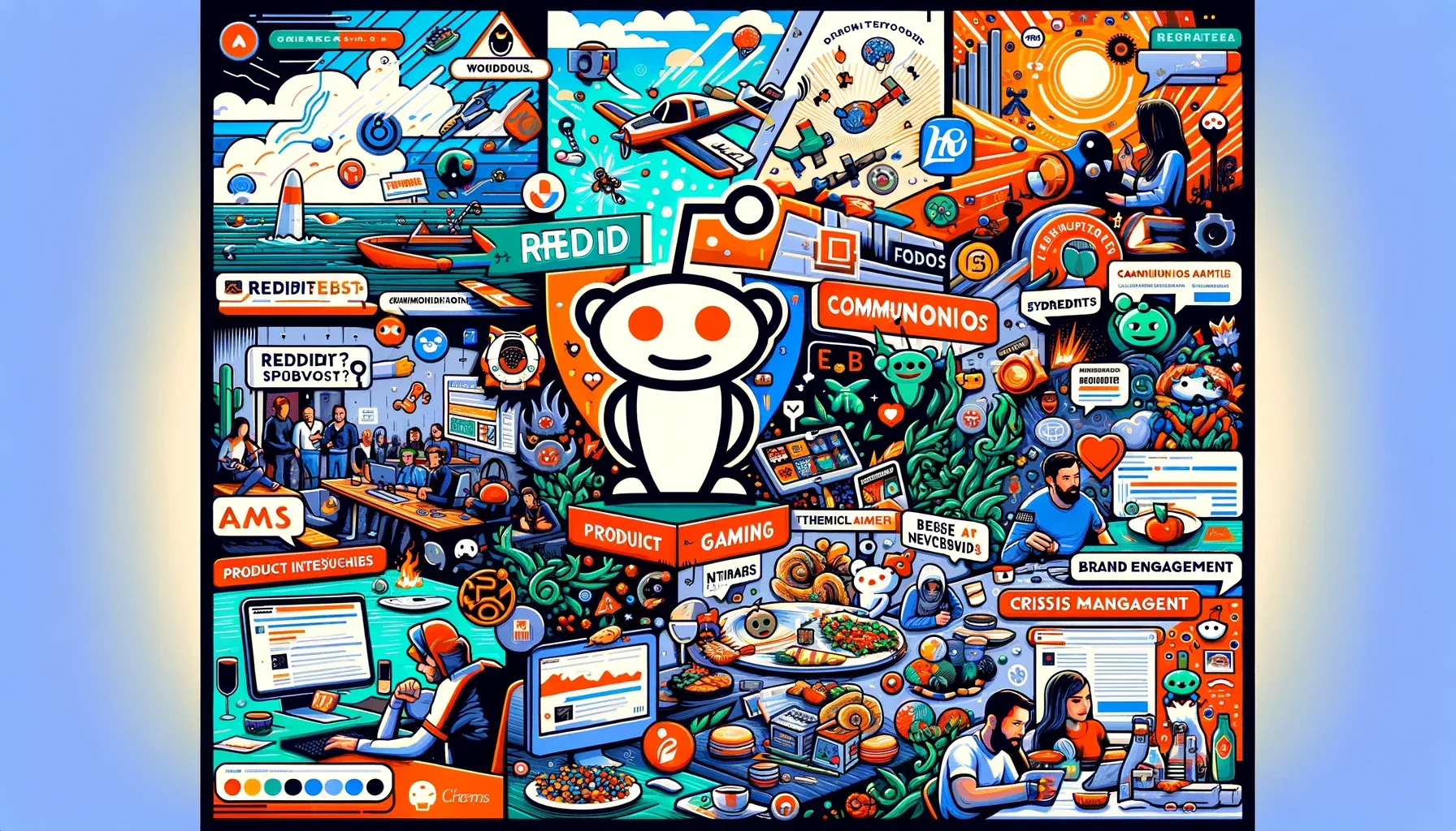 Вовлеченность сообщества Reddit: Коллаж из сообществ Reddit, посвященных технологиям, музыке, играм и еде, символизирующий разнообразие онлайн-вовлечений.
