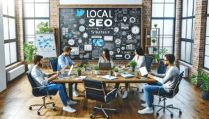 Местное SEO для социальных сетей: Команда цифрового маркетинга проводит мозговой штурм местных SEO-стратегий