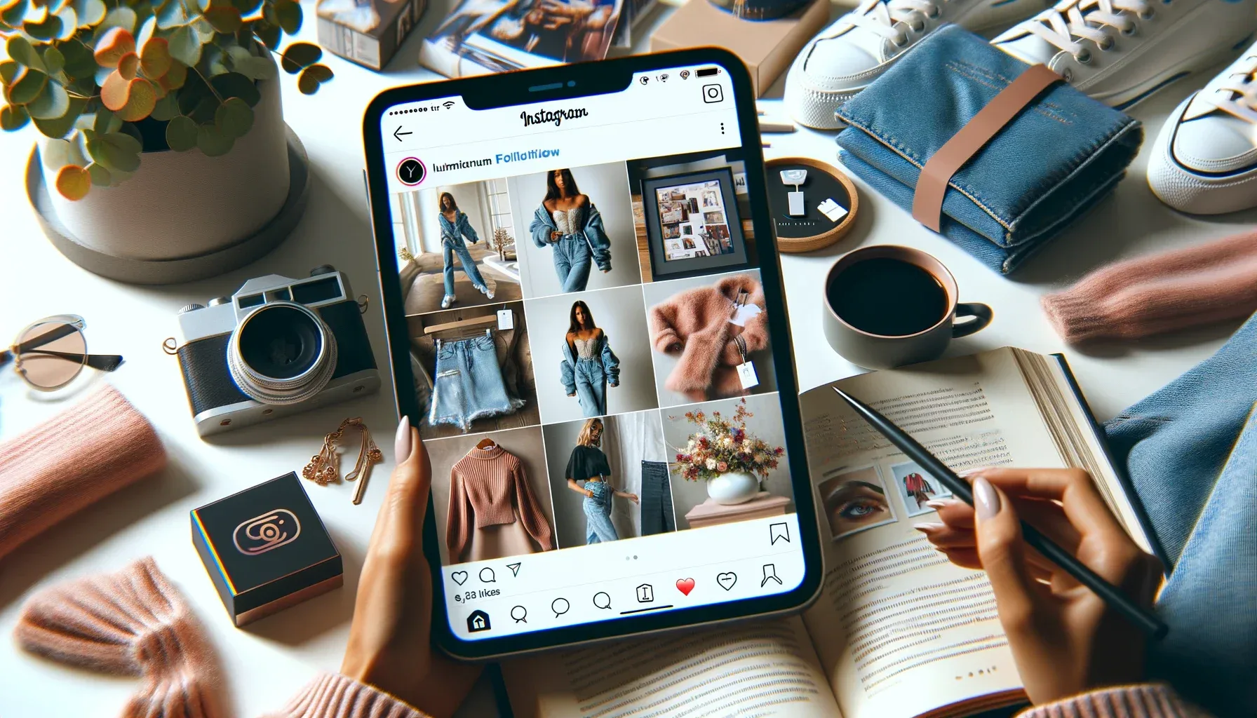 Instagram и индустрия моды: Динамический интерфейс Instagram, демонстрирующий модные бренды с метками продуктов и одобрениями влиятельных лиц.