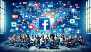 Управление сообществом Facebook: Разнообразные люди, участвующие в сообществах Facebook, символизируемых значками цифрового взаимодействия, подчеркивающими всемирную связь и активное участие в онлайне.