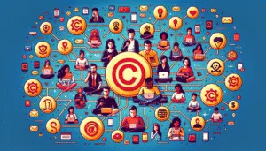 Divers utilisateurs sur les médias sociaux connectés par des symboles de droit d'auteur, démontrant l'impact universel du droit d'auteur.