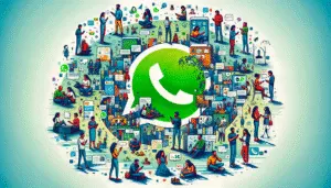 艺术地描绘了不同社会群体使用 WhatsApp 的情况，展示了 WhatsApp 对个人和职业关系的深远影响。