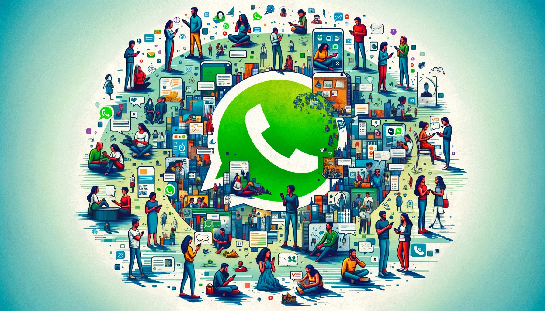 艺术地描绘了不同社会群体使用 WhatsApp 的情况，展示了 WhatsApp 对个人和职业关系的深远影响。