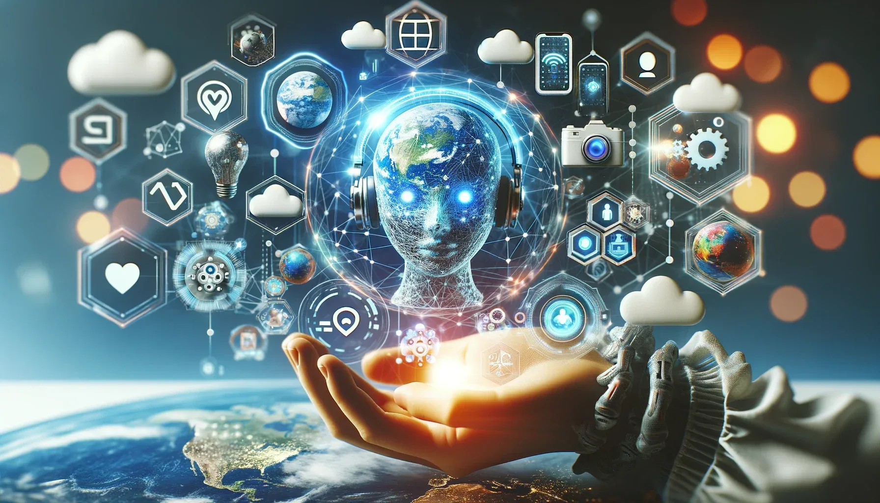 A modern interface showing AI and VR integration in social media, representing technological advancements.