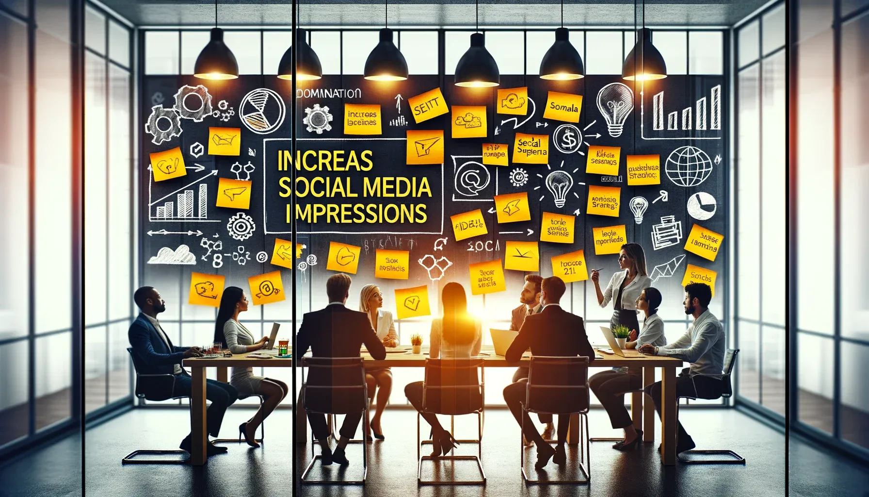 Séance de brainstorming créatif avec des idées pour augmenter les impressions sur les médias sociaux.