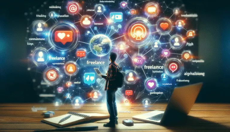 Image montrant un responsable indépendant des médias sociaux interagissant avec une communauté en ligne par le biais de likes, de commentaires et de bulles de conversation.