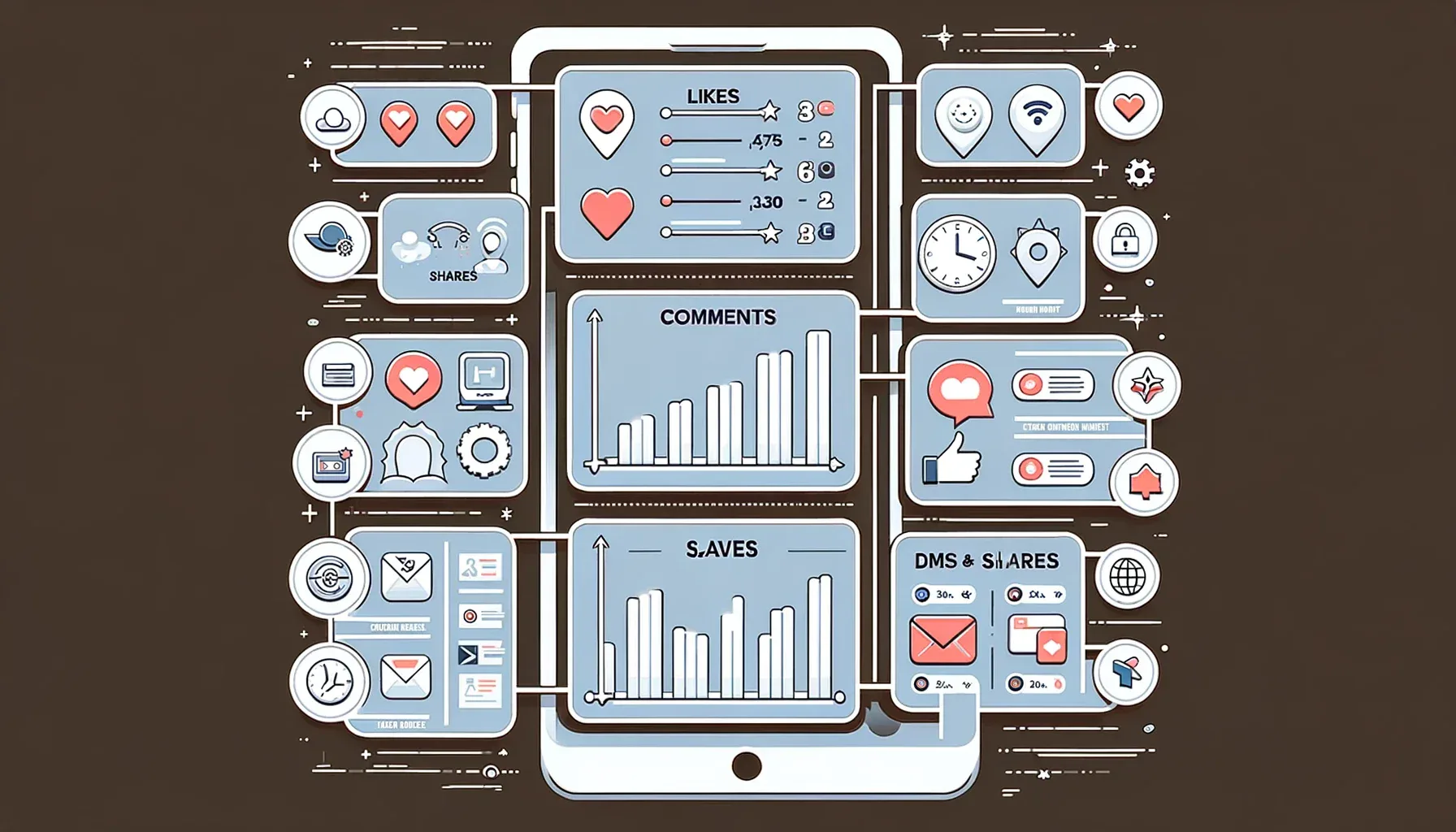 Infographie des principales mesures d'engagement sur les médias sociaux, comme les likes et les commentaires.