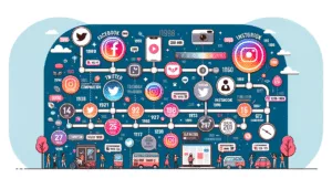 Infographie montrant l'évolution des médias sociaux avec les principales étapes de Facebook, Twitter, Instagram et TikTok.