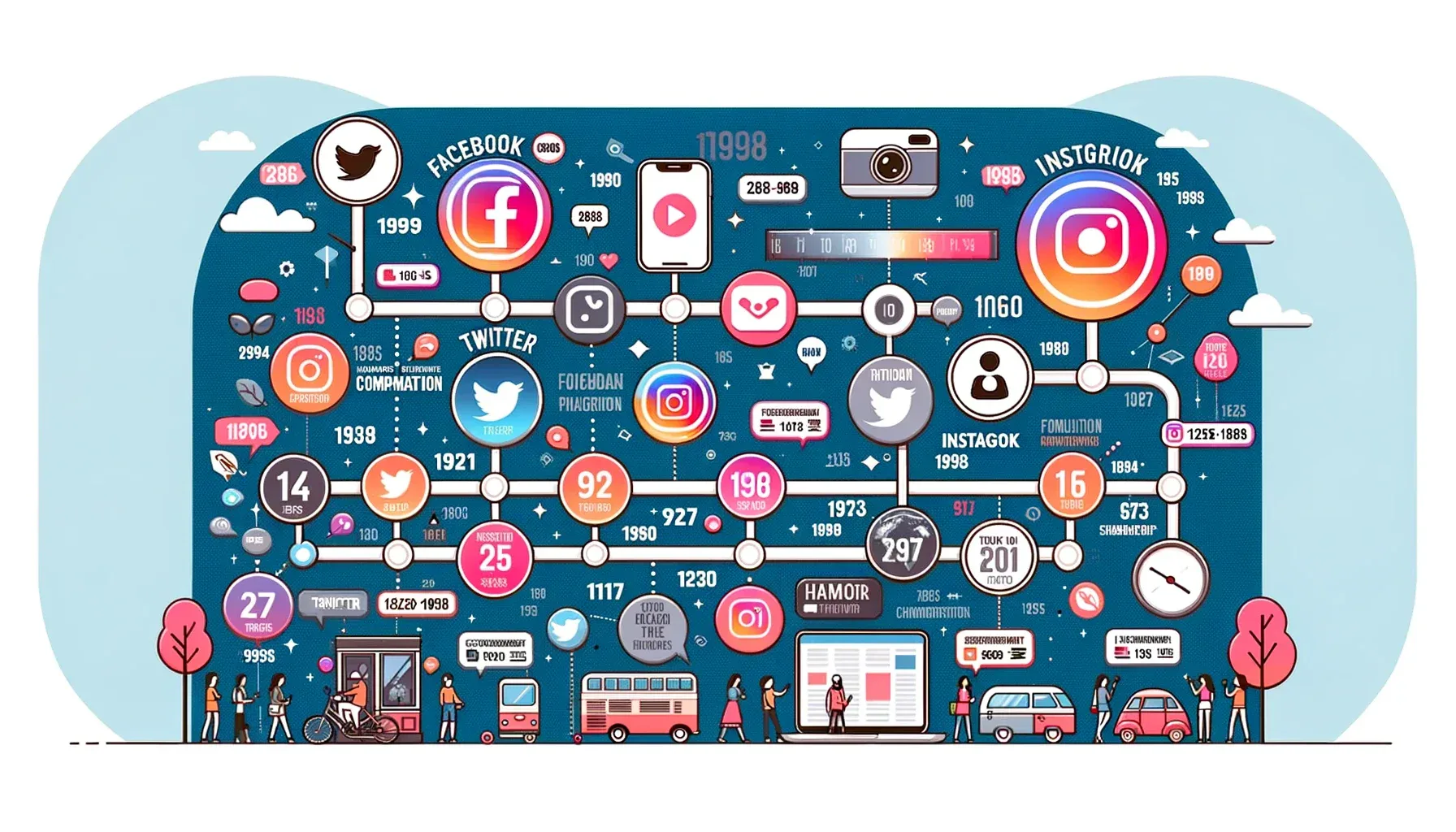 以 Facebook、Twitter、Instagram 和 TikTok 的重要里程碑展示社交媒体发展历程的信息图表。