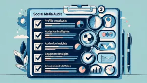 Checklist titled 'Social Media Audit Steps' with items like profile analysis and audience insights.