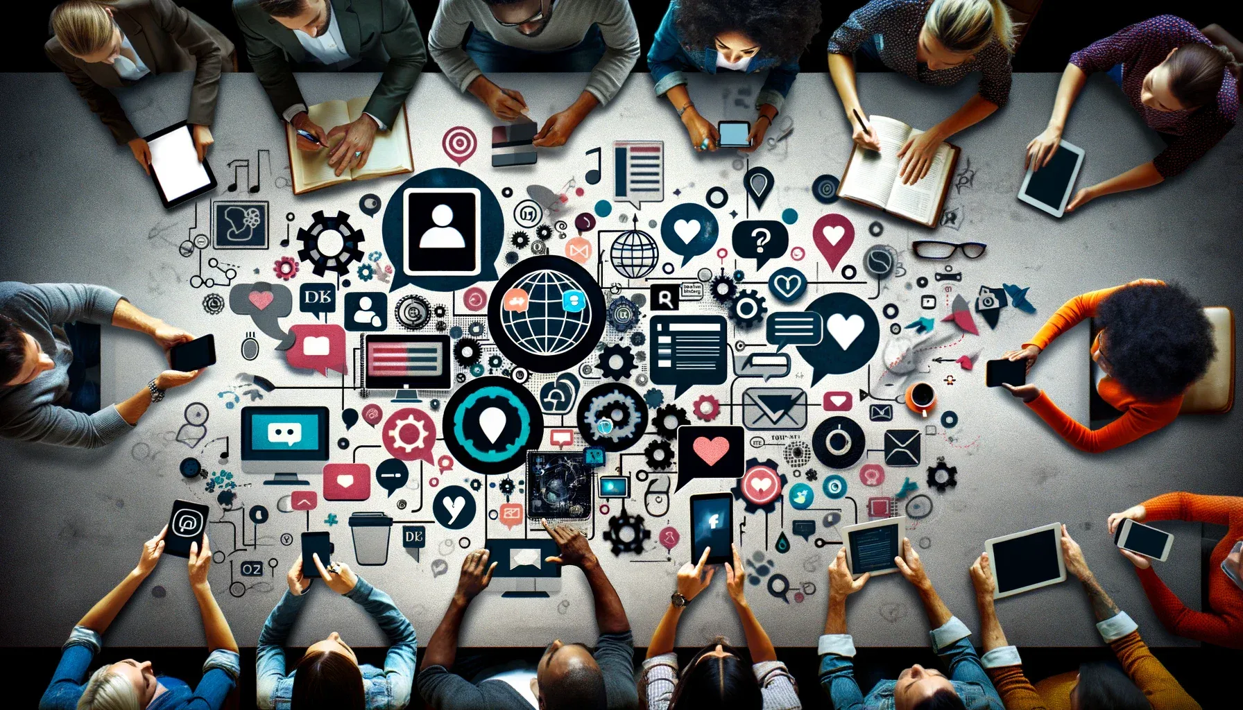 Diverse individuals engaging with social media, highlighting interactions like comments and likes.
