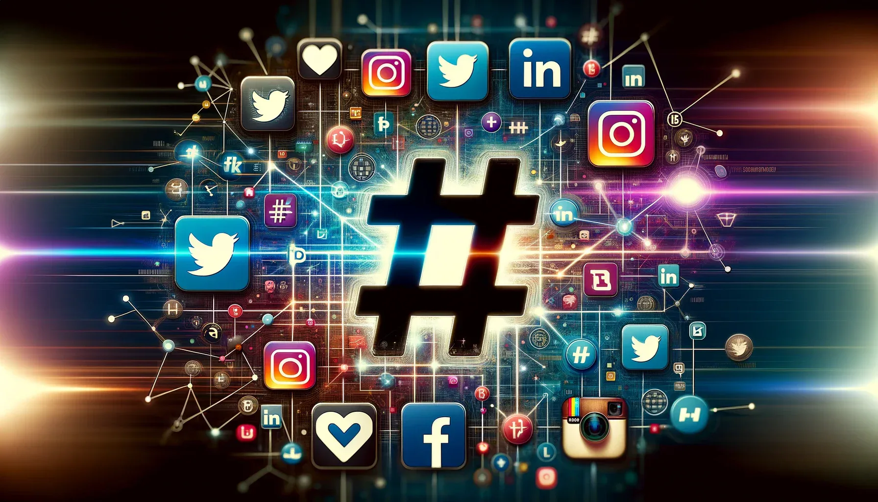 Collage numérique montrant l'évolution des hashtags sur les plateformes de médias sociaux telles que Twitter, Instagram, Facebook, LinkedIn et TikTok.