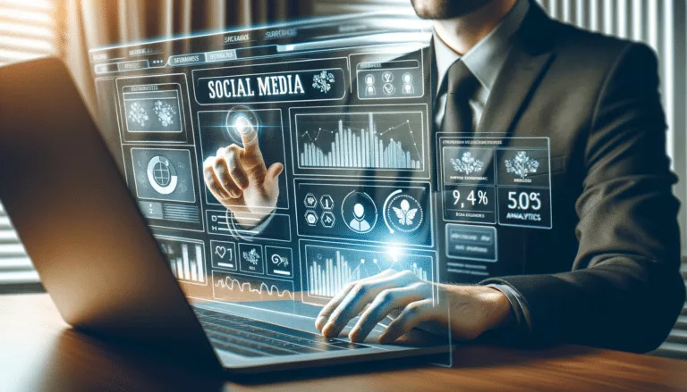 Expert en médias sociaux analysant les données de performance sur un ordinateur, avec des graphiques et des analyses mettant en évidence la stratégie et l'efficacité des médias sociaux.
