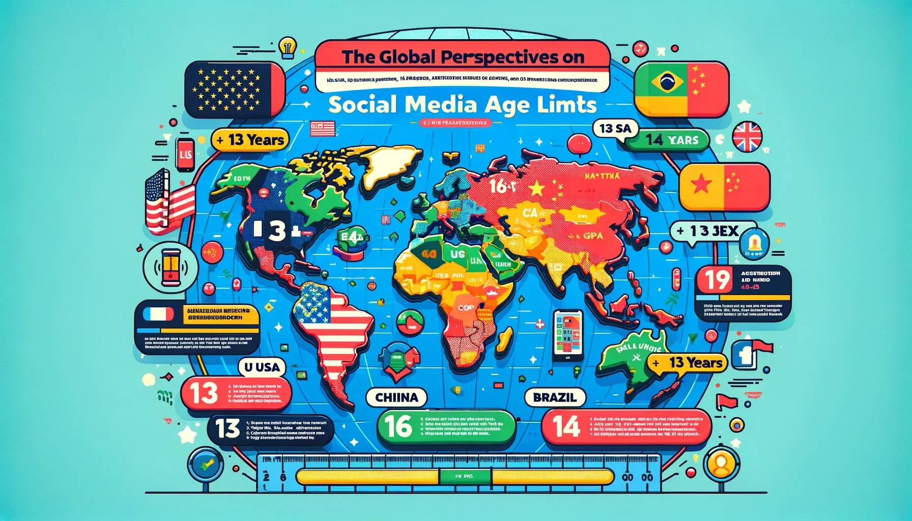 Infographie de la carte du monde montrant les différentes limites d'âge dans les médias sociaux, comme la COPPA aux États-Unis et le GDPR dans l'UE.
