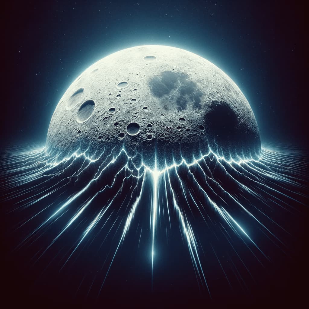 Earth's mysteries - Artistic portrayal of a moonquake on the Moon's surface, showing cracks and seismic activity.