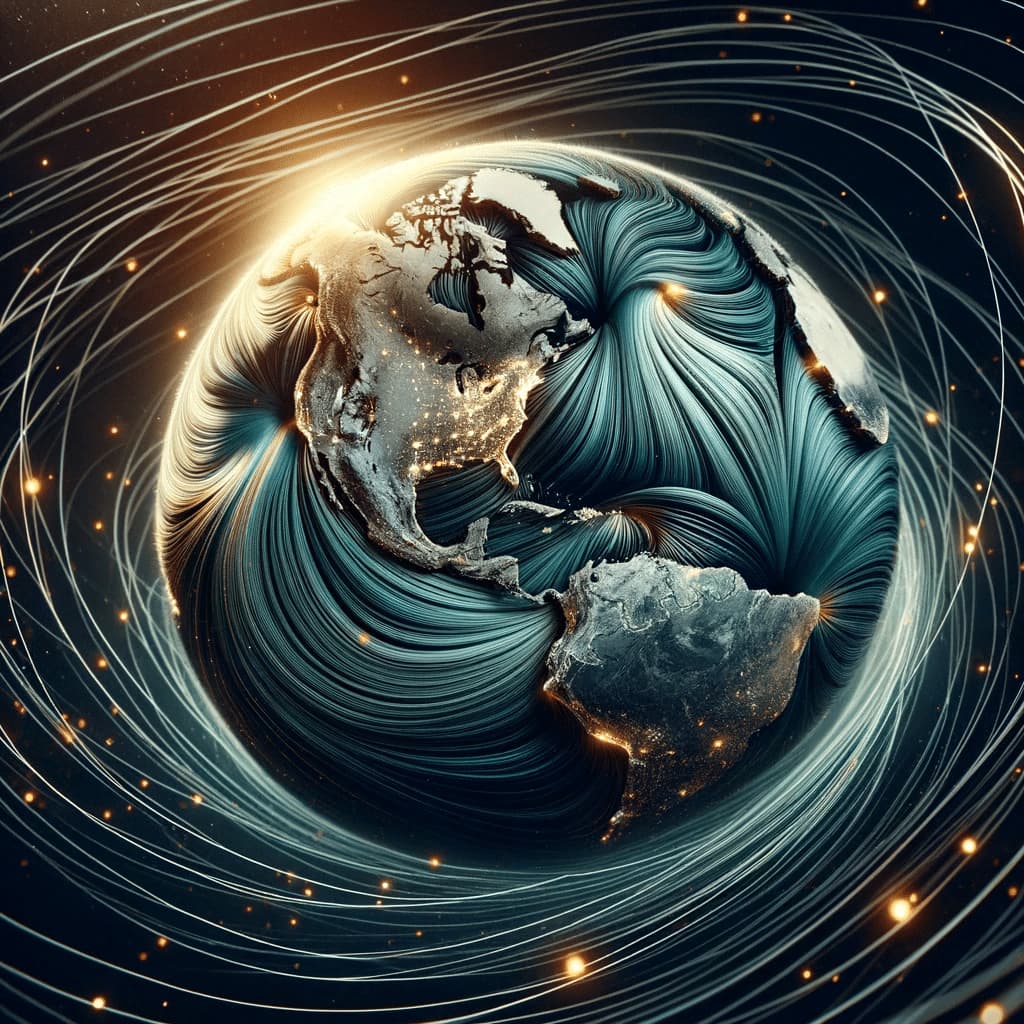 Earth's mysteries -  Artistic depiction of Earth's dynamic magnetic field with visible shifting poles.