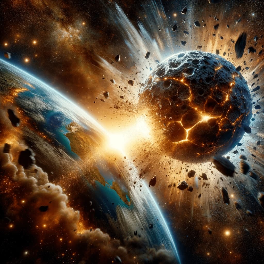 Earth's mysteries - Dramatic depiction of Earth-Theia collision forming the Moon, with massive impact and space debris.