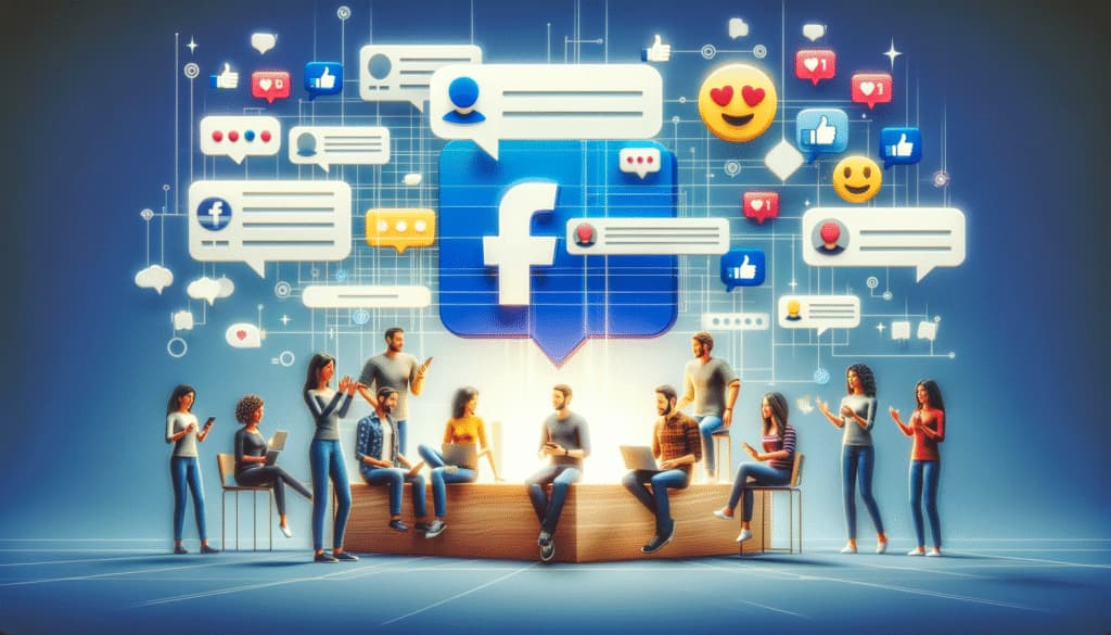 Разнообразная группа, участвующая в онлайн-дискуссии в группе Facebook, с пузырьками сообщений, эмодзи и символами взаимодействия сообщества в цифровой среде.Facebook Groups vs. Pages