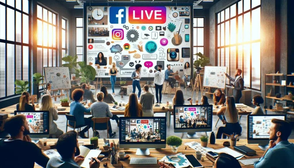 Разные профессионалы участвуют в сессии Instagram Live в современном офисе, демонстрируя вовлеченность в социальные сети и технику прямых трансляций.