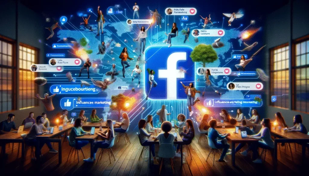 Facebook и маркетинг влиятельных лиц: различные влиятельные лица участвуют в виртуальном интерфейсе Facebook для динамичного маркетинга в социальных сетях.
