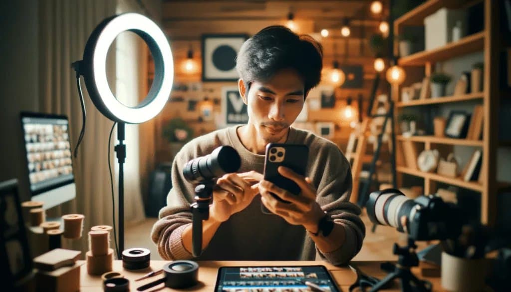 Молодой человек из Южной Азии создает увлекательные ролики для Instagram на смартфоне.