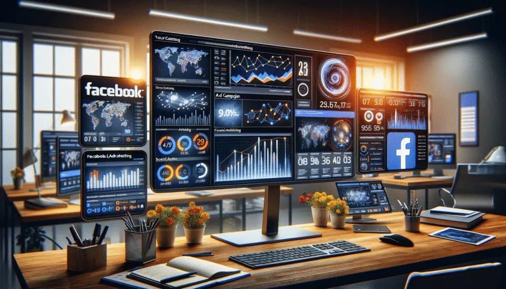 Mastering Facebook Advertising Strategies: Skyrocket Your Marketing In 2024 2 Modern digital marketing workspace with screens displaying Facebook advertising strategies, including analytics and campaign graphs, highlighting a professional and data-driven approach to social media marketing.