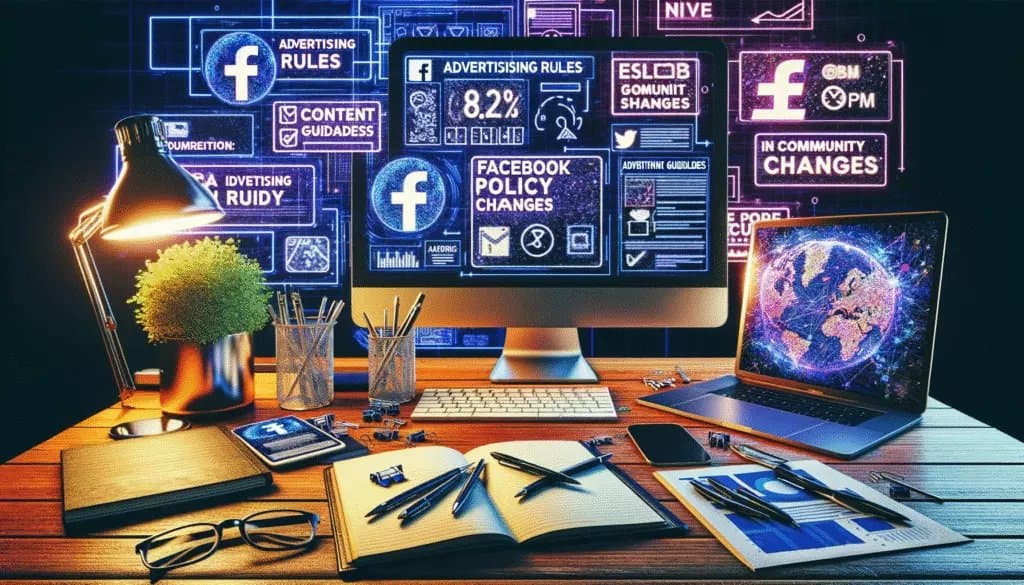 Изменения в политике Facebook: Рабочее место цифрового маркетолога с обновлениями политики Facebook 2024 и трендами социальных медиа