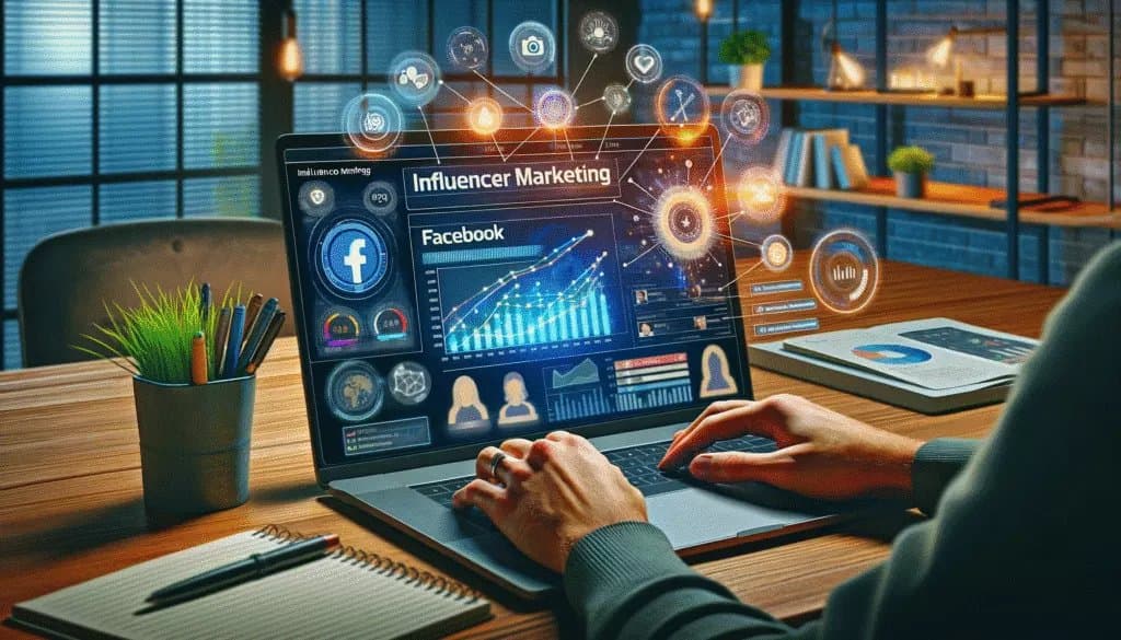 Профессионал планирует маркетинговую кампанию Facebook And influencer на ноутбуке с интерактивным интерфейсом социальных сетей.
