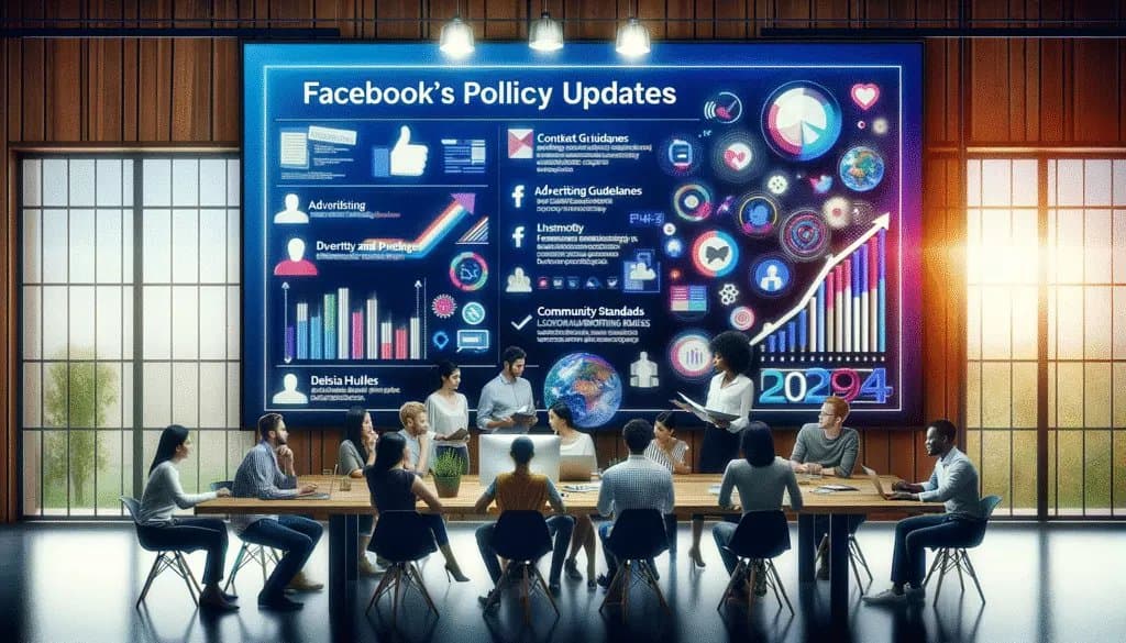 Изменения политики Facebook: Разнообразная команда разрабатывает стратегию обновления политики Facebook на 2024 год с помощью инфографики