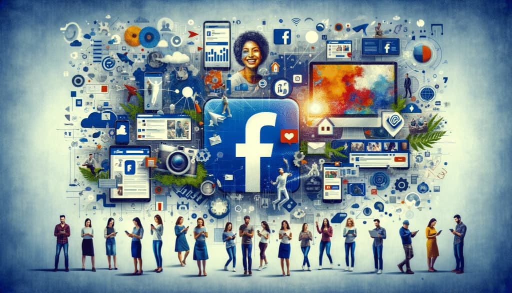 Rôle de Facebook dans le marketing numérique :Un public diversifié qui utilise Facebook sur différents appareils et une publicité Facebook créative, symbolisant la grande portée de Facebook et sa publicité innovante dans le marketing numérique.