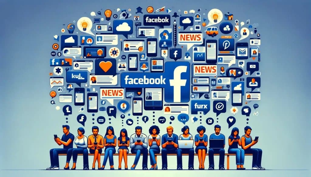 Diverse individuals using digital devices with Facebook's News influencing their news perception and reactions.