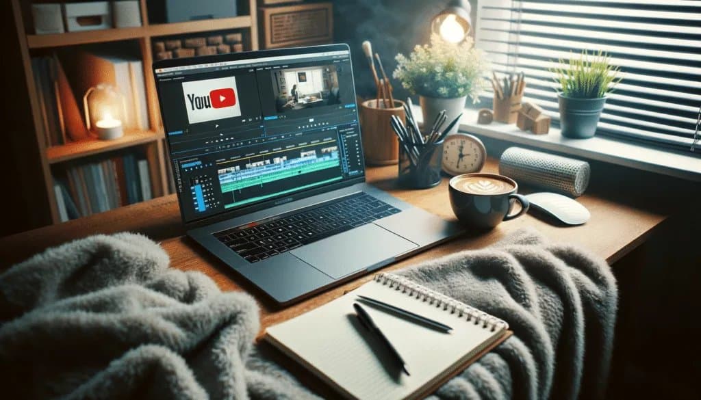 舒适的家庭办公室，配备笔记本电脑，显示用于 YouTube 内容创作的视频编辑软件