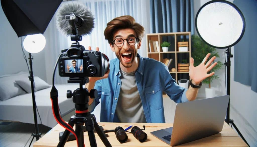 热情洋溢的内容创作者正在拍摄 Vlog，演示 YouTube 视频创作技巧。