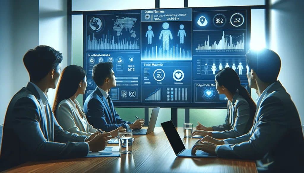 Diverse business team focused on analyzing social media analytics for digital marketing strategy.