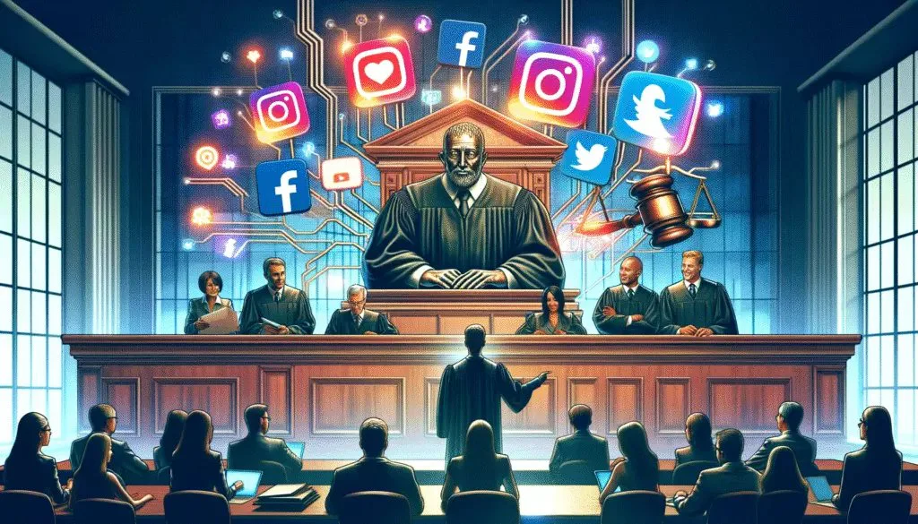 代表社交媒体版权侵权法律纠纷的法庭场景。.