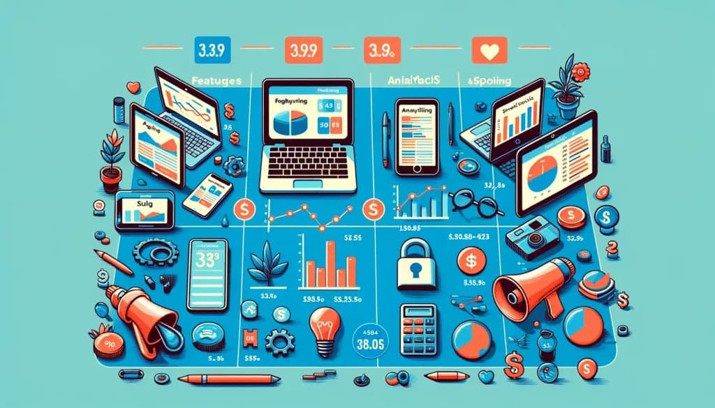 Comparative table of social media analytics tools featuring Hootsuite, Sprout Social, and Google Analytics.