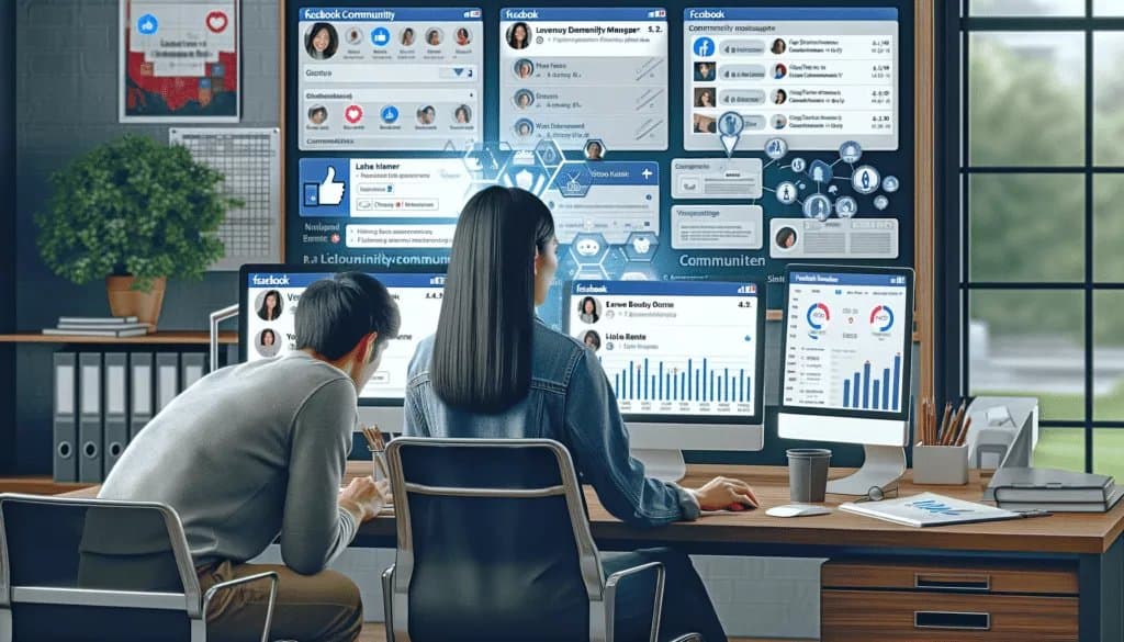 Facebook Community Management Manager at work with multiple screens showing group engagement, demonstrating effective online community management and digital communication skills