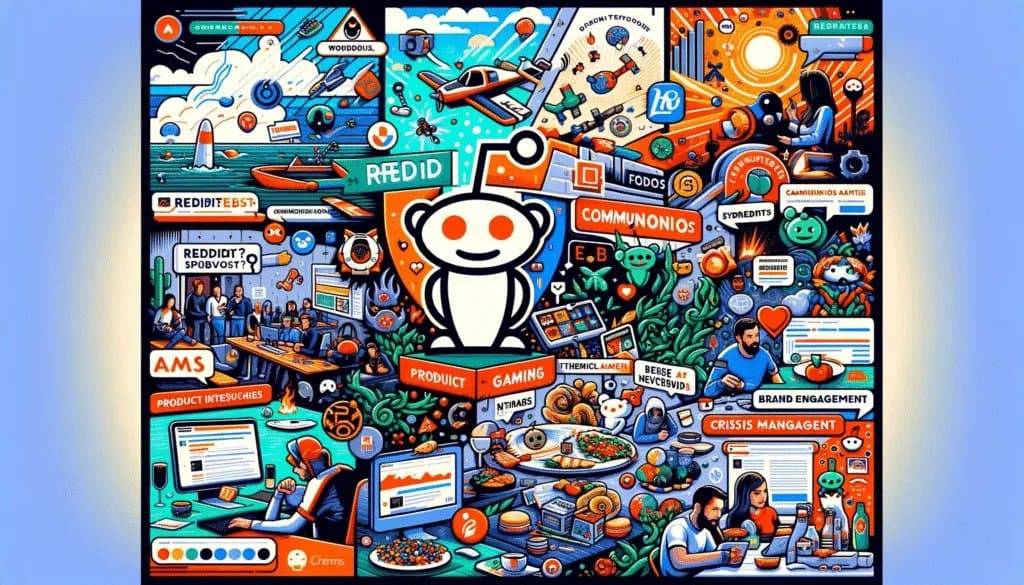 Вовлеченность сообщества Reddit: Коллаж из сообществ Reddit, посвященных технологиям, музыке, играм и еде, символизирующий разнообразие онлайн-вовлечений.